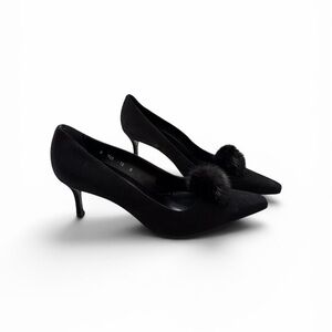 Pancaldi Italian Black Pom-Pom Pointed Toe Kitten Heel suede Pumps - Women's